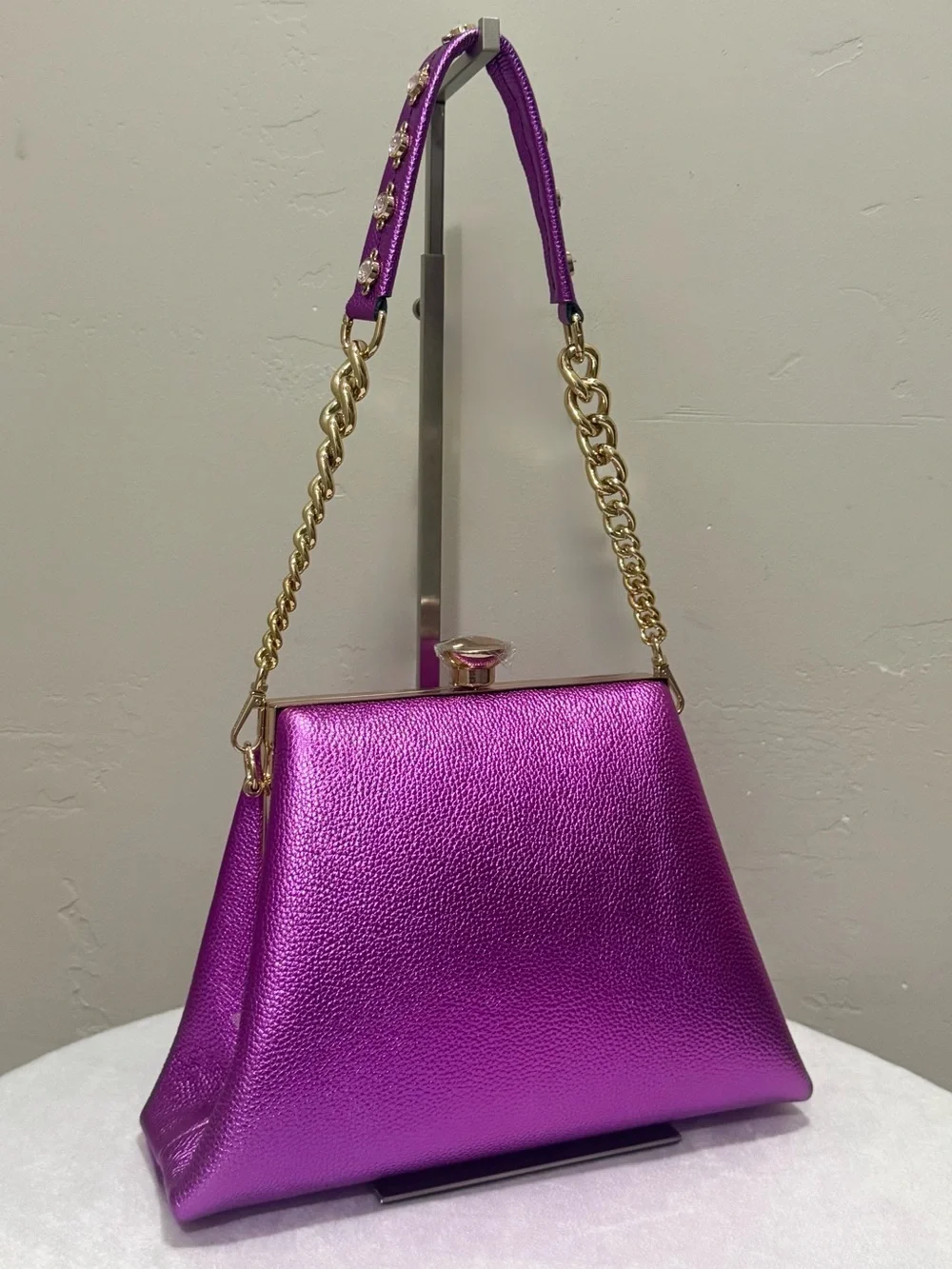 Metallic Purple Pebble Cowhide Handmade Push Lock Boxy Bag, Multi Use Style Bag